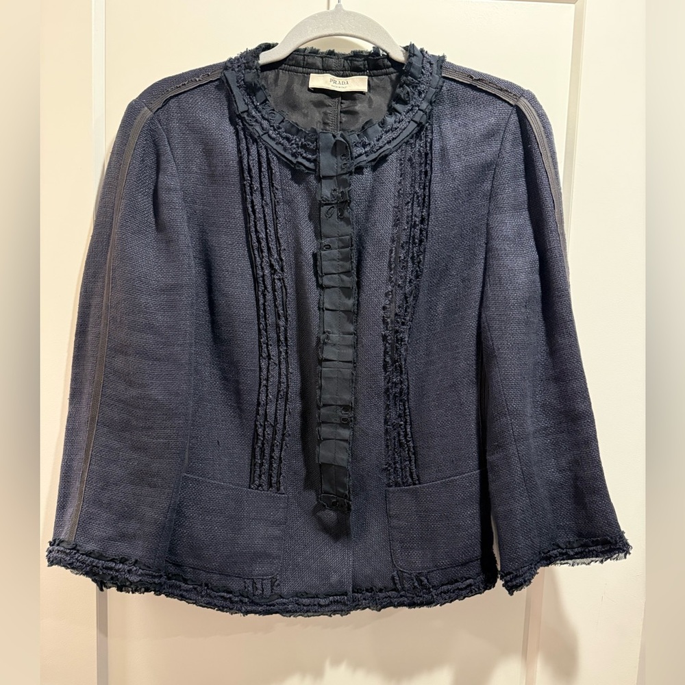 Prada Vintage Dark Navy Linen Blend Minimalist Blazer Made‎ in Italy Size 46